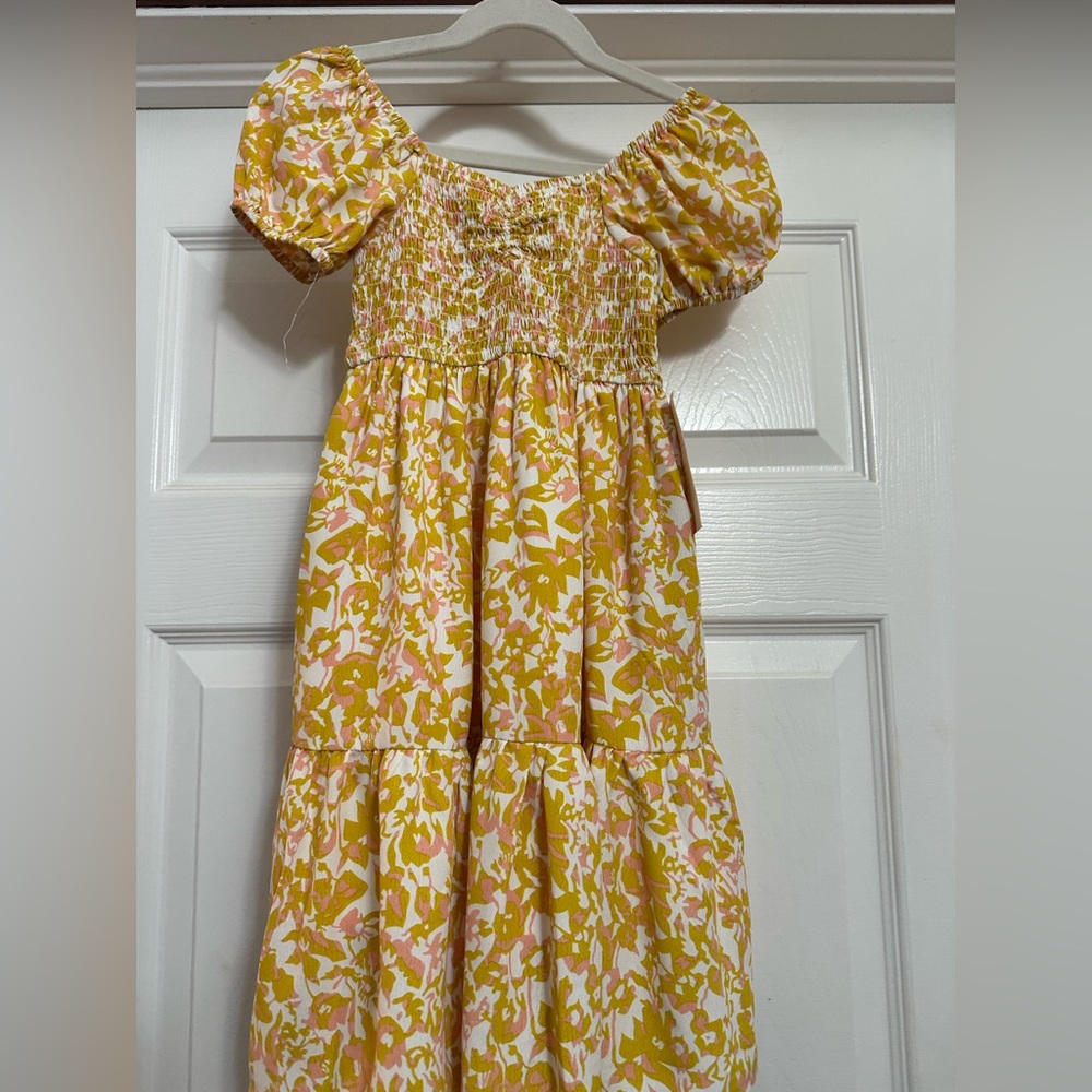Ivy City Co mini Marigold Yellow and Pink Floral Smocked Tiered Dress